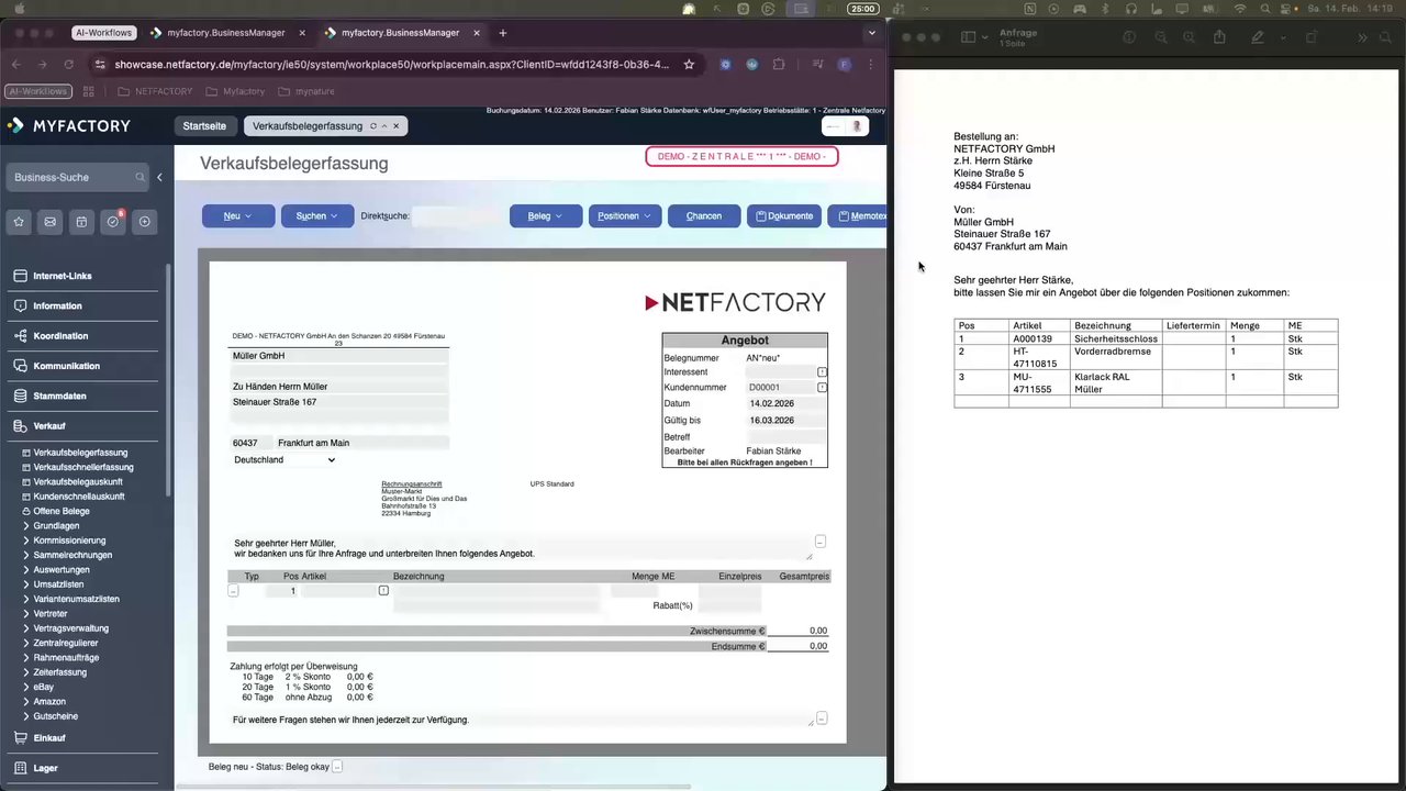 Demo: KI-Angebotserstellung aus E-Mail in Myfactory ERP